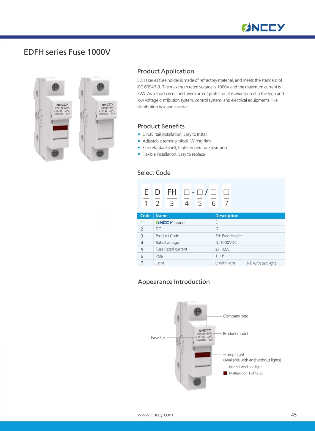 Onccy Solar PV DC 1000V/1500V 16/20/32/40/50A Fuse Link with Fuse Holder