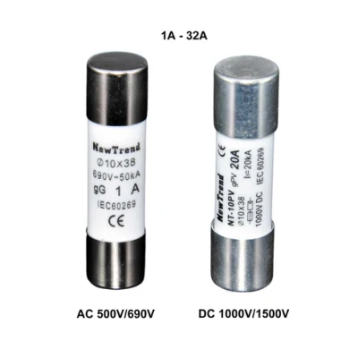 10X38 AC 500V 690V DC 1000V 1500V 1A 2A 4A 6A 8A 10A 12A 16A 20A 25A 32A 10X38mm Gg Am Ar Gpv AC ou DC Solar PV Cilíndrico Fusível com CE